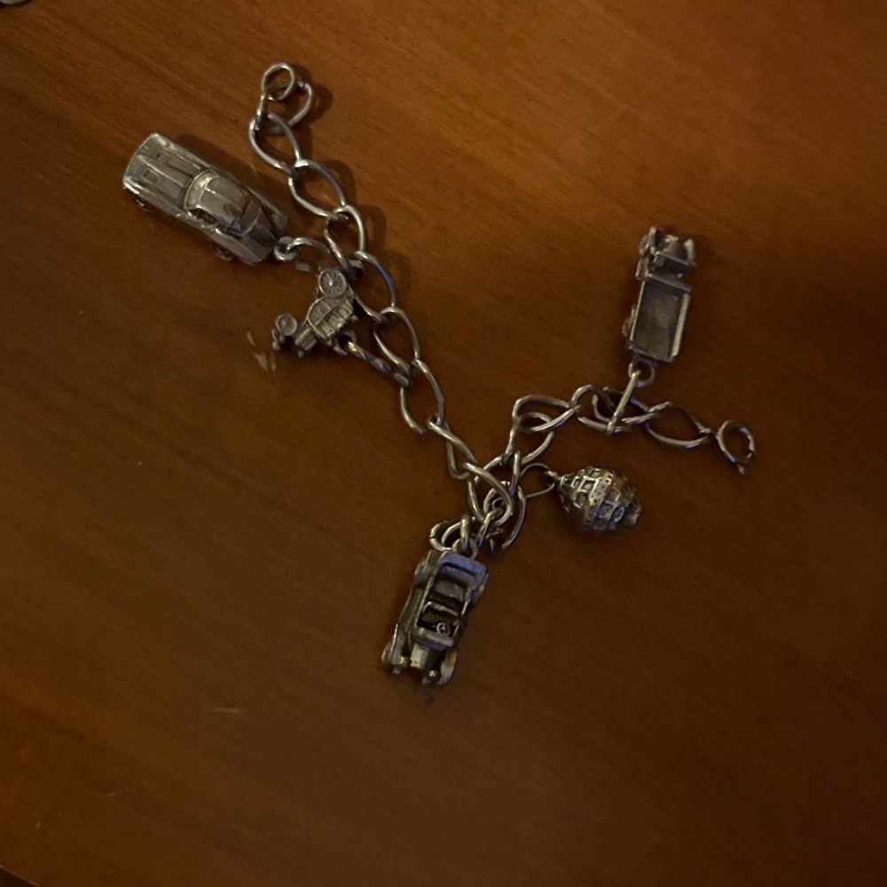 Vintage Silver Charm Bracelet with Car Pendants